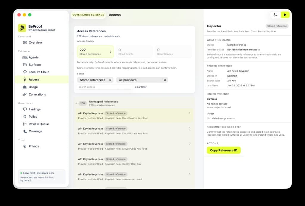 BeProof Access tab showing credential and access evidence for AI agents