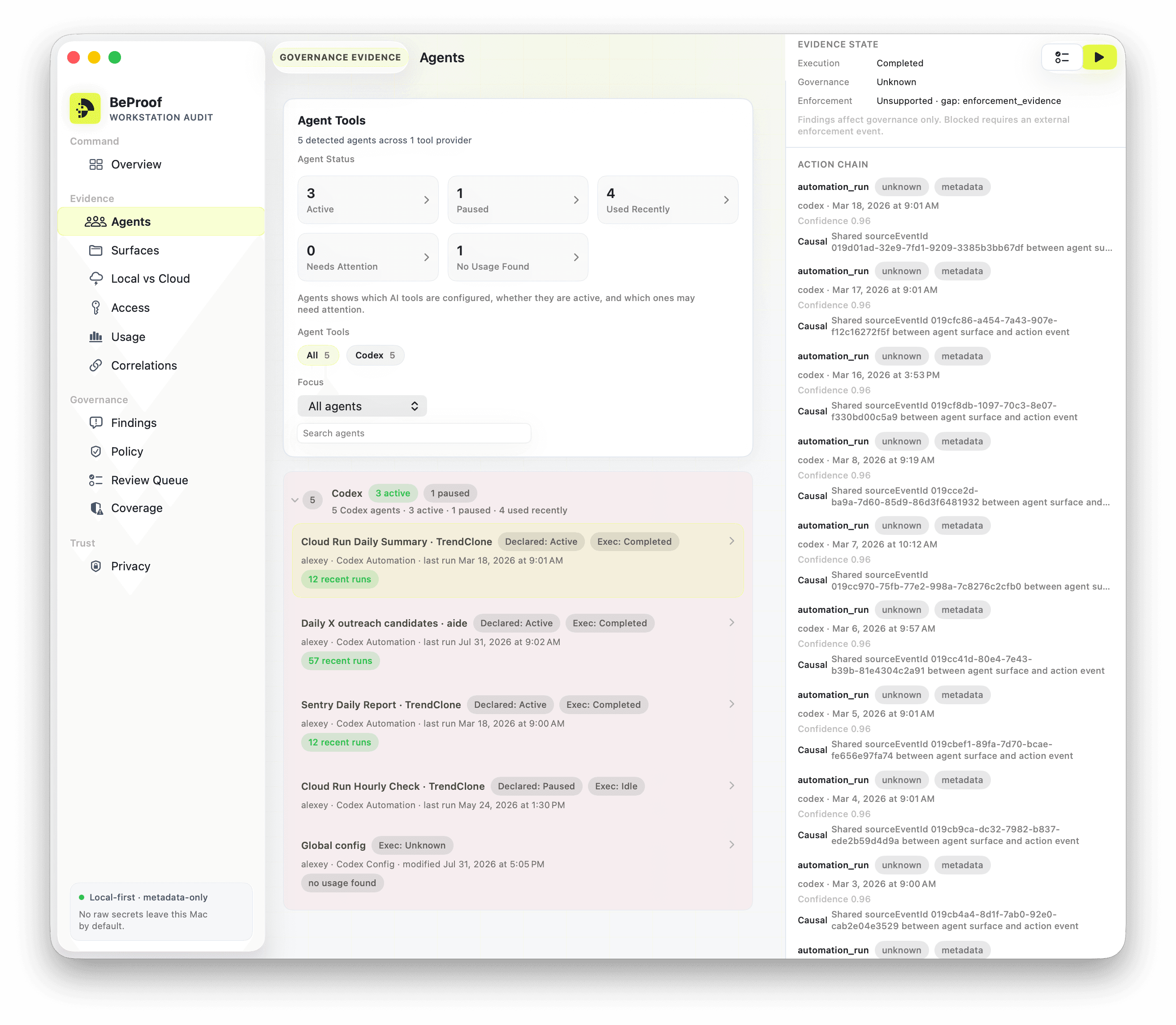BeProof macOS Agents screen showing real Codex automation events in the Action Chain inspector with causal links, confidence, and an enforcement evidence gap