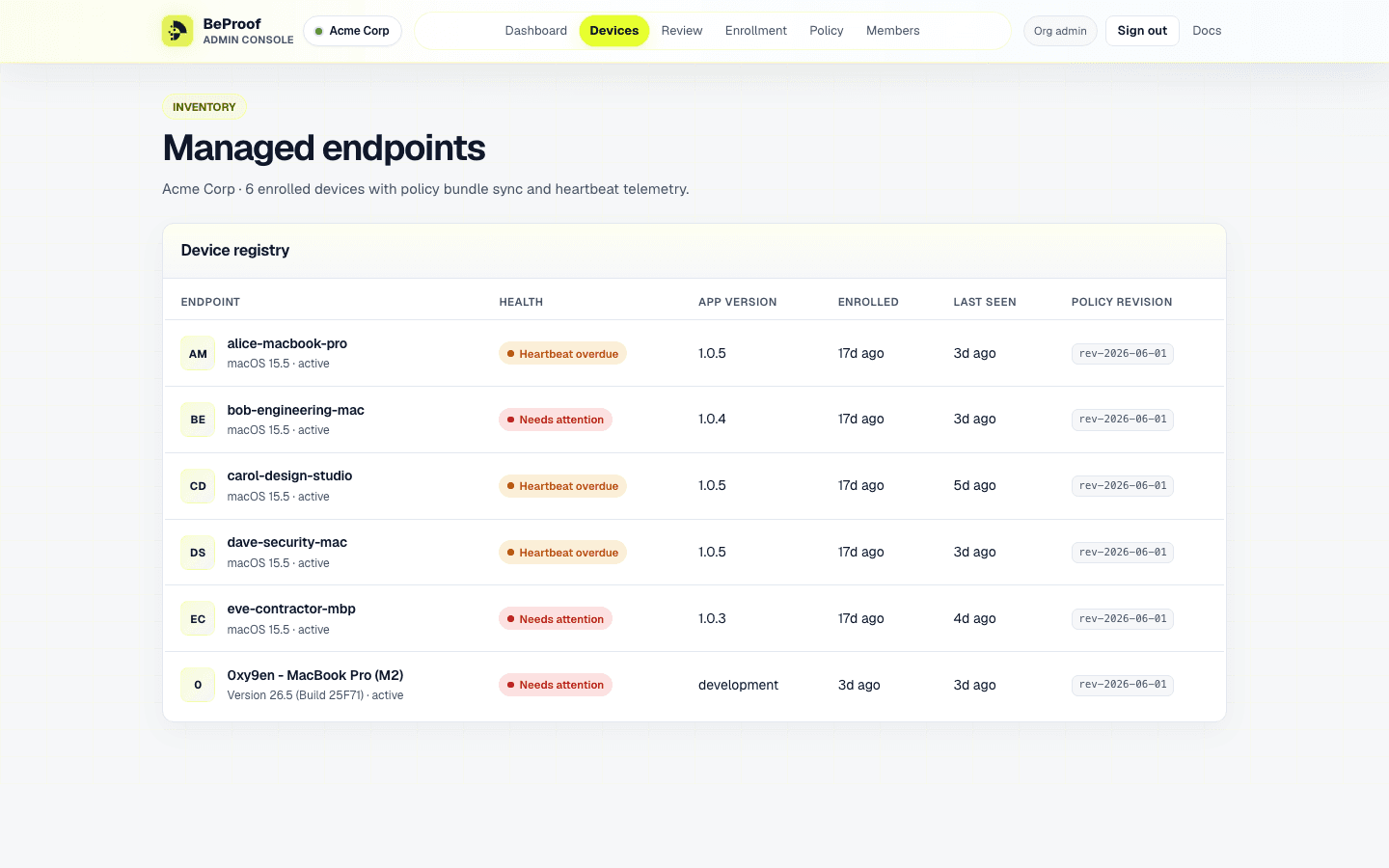 BeProof Admin devices page with endpoint registry and health badges