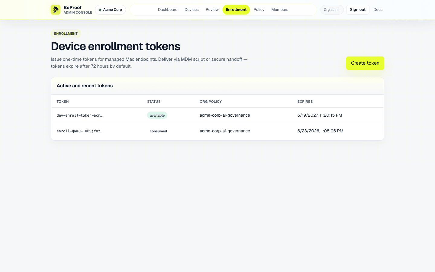 BeProof Admin enrollment page with Create token button and token list