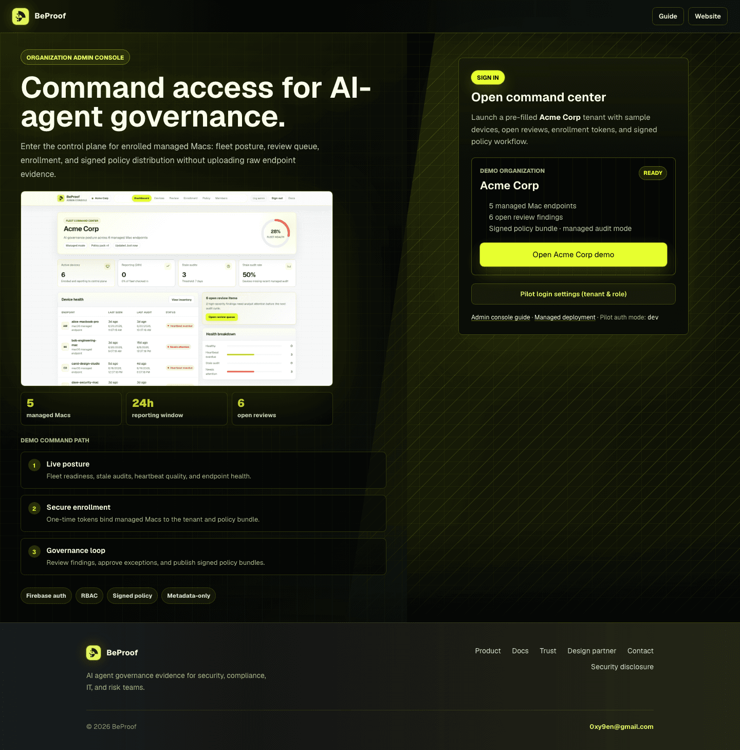 BeProof admin console sign-in with email and password fields