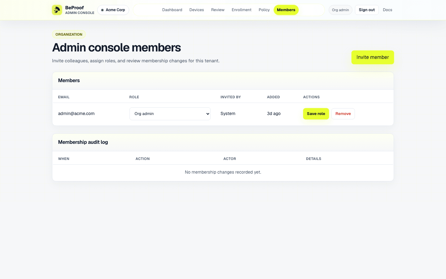 BeProof Admin members page with invite form, member table, and audit log