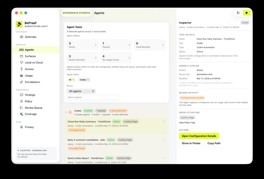 BeProof macOS Agents tab showing agent status cards, AI tool filters, Codex automations, recent activity, and an inspector with configuration details