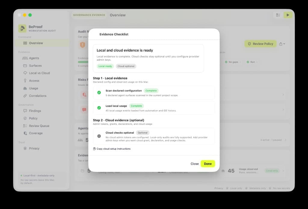 BeProof macOS Evidence Checklist showing local evidence complete, cloud checks optional, and copy cloud setup instructions link