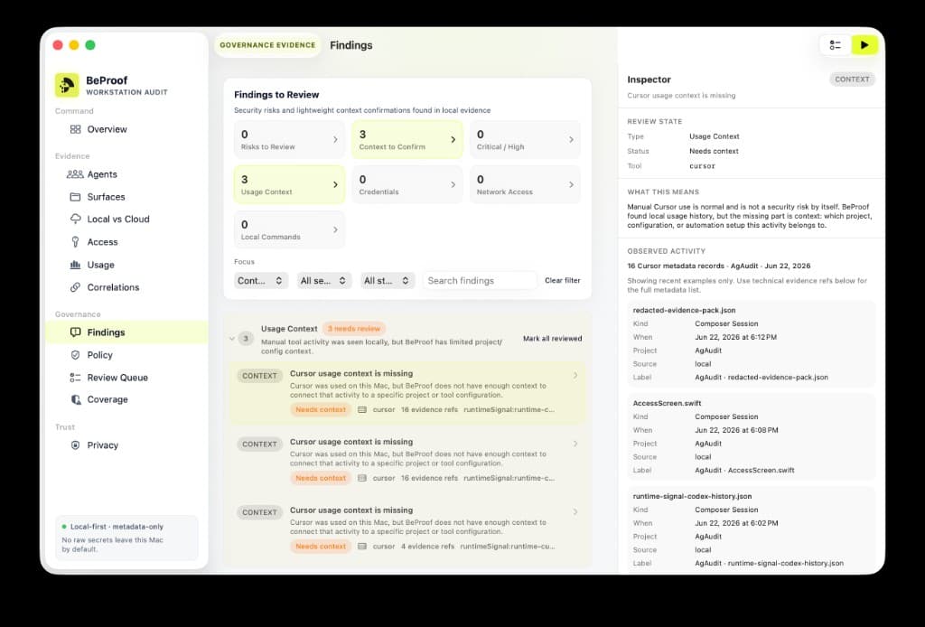 BeProof macOS Findings tab showing risks to review, context confirmations, usage context cards, and inspector evidence