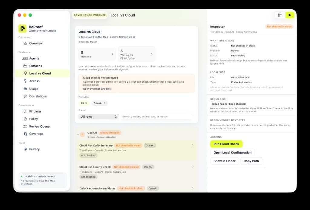 BeProof macOS Local vs Cloud tab showing local AI tools waiting for cloud setup, provider filters, tool rows, and an inspector with cloud check guidance